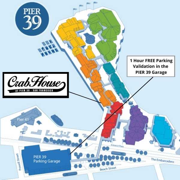One-hour free parking in pier 39 garage for Crab House at Pier 39