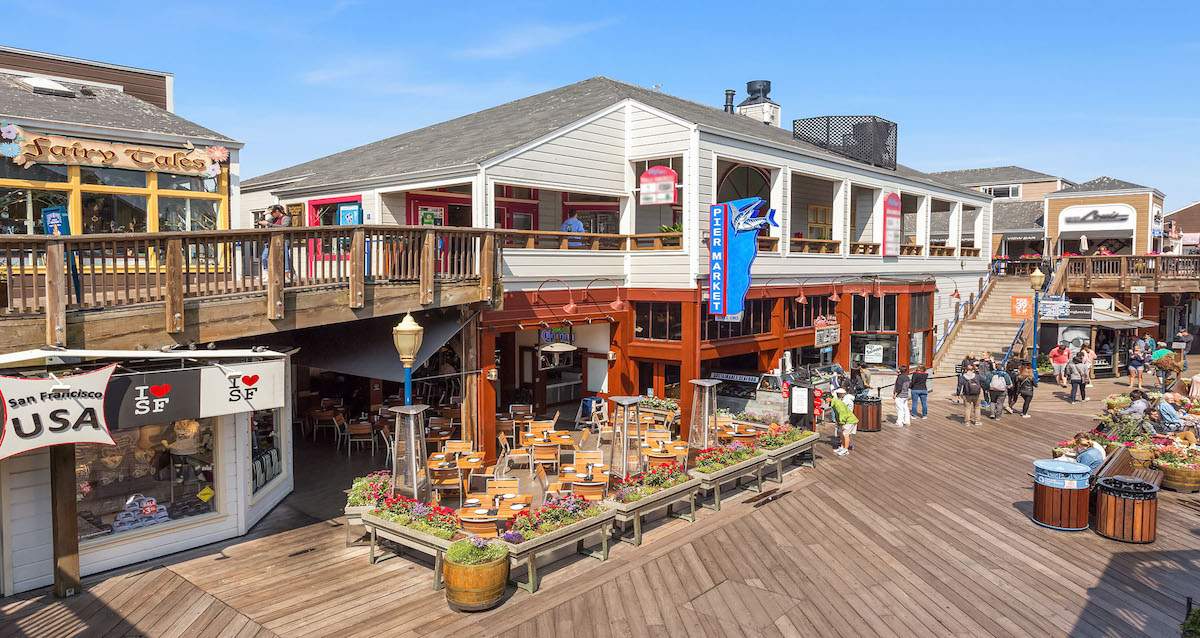 Boardwalk with restaurants for PIER 39 dining