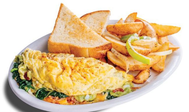 Omelet, toast, and potatoes on a plate