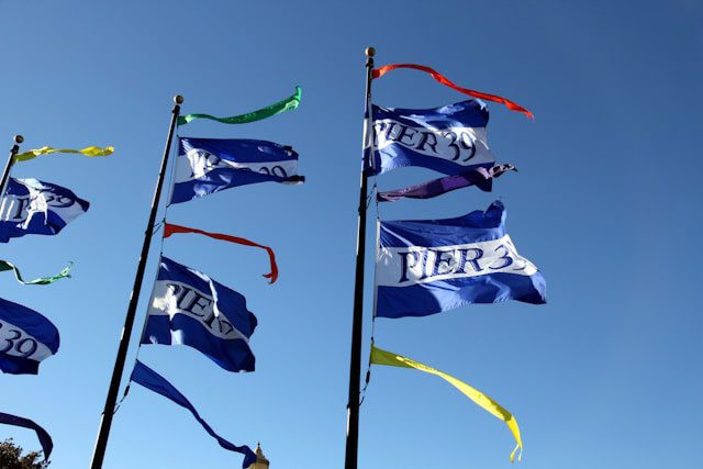 Pier 39 flags blowing in the wind