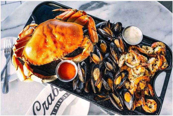 Skillet with crab, mussels, and shrimp